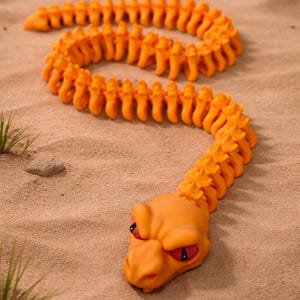 Puede incluir: Un juguete de serpiente articulada naranja con un cuerpo segmentado detallado y una cabeza de aspecto feroz con ojos rojos. El juguete está posado sobre una superficie arenosa con pequeñas rocas y vegetación dispersa.
