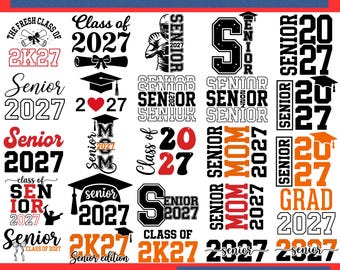 May include: A digital collection of 50 graphic designs featuring the text Senior 2027, Class of 2027, and Grad 2027. The black, red, and orange illustrations include graduation caps, diplomas, football players, and hearts in various typography styles.