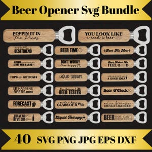 May include: A collection of wooden beer bottle openers with various engraved phrases, including "Beer Time" and "Liquid Therapy." Each opener has a metal bottle cap opener. The image also includes the text "Beer Opener Svg Bundle."