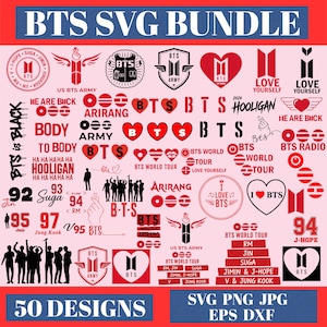 May include: A digital collection of 50 BTS-themed graphic designs in red and black, featuring logos, heart shapes, silhouettes of group members, and text including BTS, ARMY, Love Yourself, and member names like Suga, Jin, and J-Hope in various fonts.