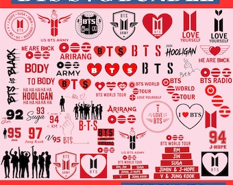 May include: A digital collection of 50 BTS-themed graphic designs in red and black, featuring logos, heart shapes, silhouettes of group members, and text including BTS, ARMY, Love Yourself, and member names like Suga, Jin, and J-Hope in various fonts.
