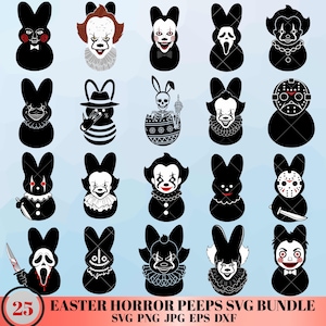 Può includere: Una collezione di disegni neri a forma di coniglietto pasquale con volti a tema horror, tra cui clown e personaggi con coltelli. L'immagine include il testo "25 EASTER HORROR PEEPS SVG BUNDLE".