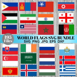 May include: A digital SVG bundle featuring flags from around the world, presented against a light wood-grain backdrop. The bundle contains 195 files in SVG, PNG, JPG, EPS, and DXF formats.