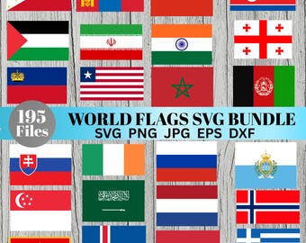 May include: A collection of various world flags in a digital SVG bundle. The flags are displayed on a light wood-grain background. The bundle includes 195 files in SVG, PNG, JPG, EPS, and DXF formats.