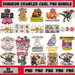 Puede incluir: Un paquete digital de 20 diseños gráficos con personajes de Dungeon Crawler Carl, incluyendo gatos con coronas, dinosaurios y elementos de texto como 'Goddamnit Donut', 'New Achievement' y 'This Is An Outrage' en varios estilos.