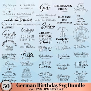 Puede incluir: Un conjunto de 50 archivos SVG, PNG, JPG, EPS y DXF con temática de cumpleaños alemanes. Los diseños presentan varios saludos de cumpleaños, frases y elementos decorativos, como pasteles y regalos.