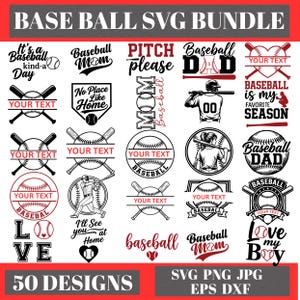 May include: A digital collection of 50 baseball-themed graphic designs featuring various illustrations of baseballs, bats, players, and text phrases like Baseball Mom, Baseball Dad, and Pitch Please in black and red on a white background.