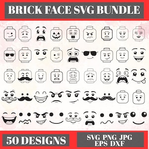 May include: A collection of 50 black and white brick face designs in SVG format. The designs include various facial expressions, such as smiling, winking, and angry faces. The text "BRICK FACE SVG BUNDLE" is at the top.