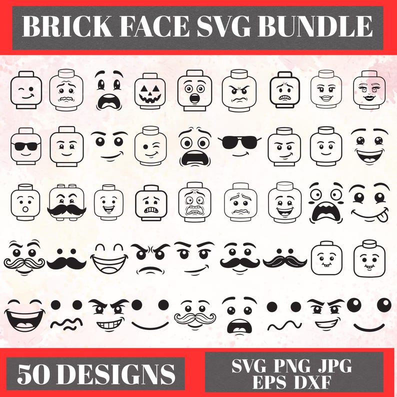 May include: A collection of 50 black and white brick face designs in SVG format. The designs include various facial expressions, such as smiling, winking, and angry faces. The text "BRICK FACE SVG BUNDLE" is at the top.