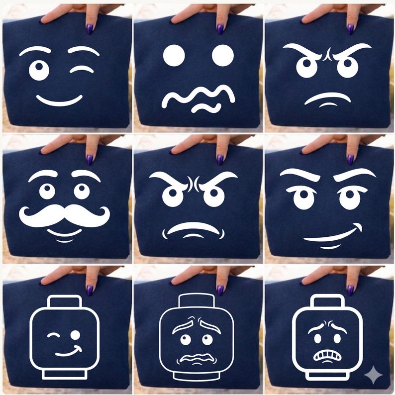 May include: Nine navy blue tote bags with white emoji faces. The emoji faces include winking, confused, angry, mustached, and Lego-style faces. The bags are being held by a person with purple nail polish.