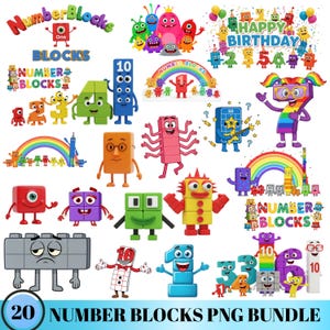 May include: A collection of colorful Numberblocks characters and graphics. The image includes various block figures representing numbers, rainbows, and the text "Happy Birthday". The words "Numberblocks" and "20 Number Blocks PNG Bundle" are also visible.
