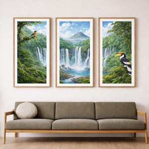 Wasserfall Triptychon druckbare Wandkunst, Tumpak Sewu inspiriertes tropisches Set von 3