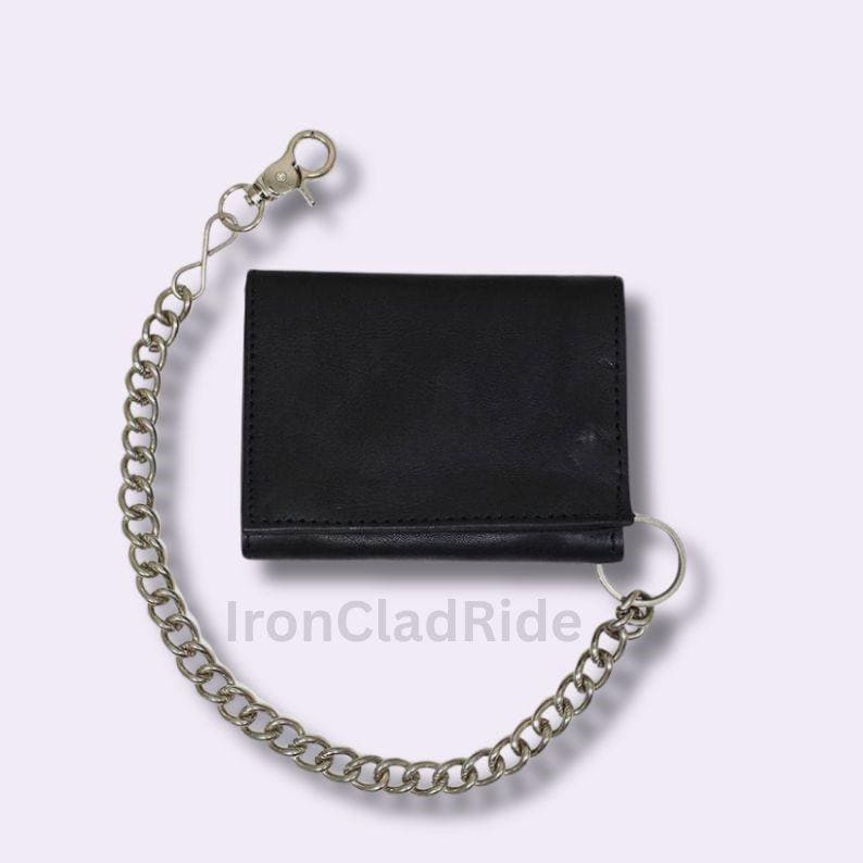 Black Leather Trifold Chain Wallet – Biker, Rider, Trucker Style