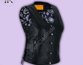 Women Black Leather Biker Vest – Lace Side, Paisley Lined Waistcoat