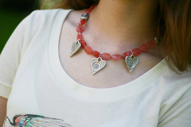 Pink Heart Necklace Cherry Quartz Necklace Gemstone Heart Necklace Pink Silver Heart Pewter Heart Necklace Silver Heart Necklace