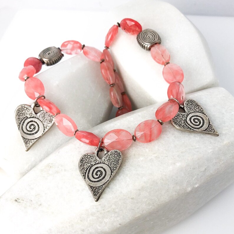 Pink Heart Necklace Cherry Quartz Necklace Gemstone Heart Necklace Pink Silver Heart Pewter Heart Necklace Silver Heart Necklace