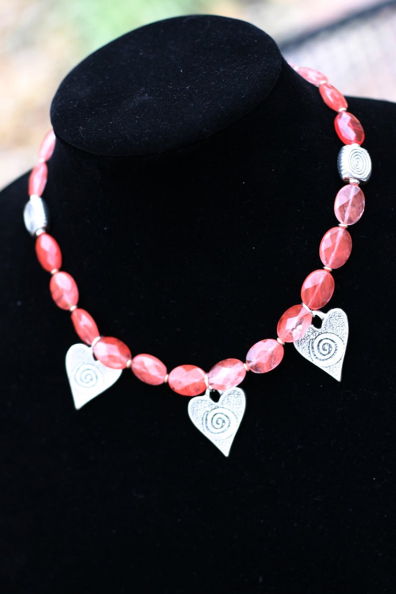 Pink Heart Necklace Cherry Quartz Necklace Gemstone Heart Necklace Pink Silver Heart Pewter Heart Necklace Silver Heart Necklace