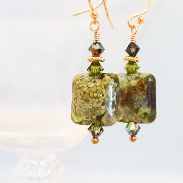 Olive Green Lampwork Glass Earrings - Green Glass Earrings - Olive Green Earrings - Glass Dangle Earrings - Green Gold Earrings