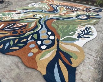 Tapete abstrato grande de lã tufada - Tapete moderno e marcante para sala de estar luxuosa, decoração inspirada na dopamina, tapete personalizado com formato orgânico e rústico, 2,44 x 3,05 metros.