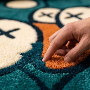 Pu&ograve; includere: Un tappeto tufted con un design grafico caratterizzato da grandi forme circolari color crema, ciascuna contrassegnata da un simbolo "X" nero. Lo sfondo &egrave; di un blu ottanio profondo, accentuato da una sezione arancione vivace e spessa.