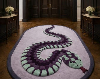 Tappeto a forma di serpente, tappeto ovale in lana annodato a mano, motivo 3D, motivo serpente viola verde, stile gotico, tappeto per soggiorno di lusso ed eclettico, dimensioni personalizzate 5x8 6x9 8x10 9x12