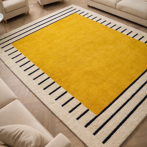 Alfombra amarilla mostaza estilo Bauhaus, moderna, tejida a mano, de lana, con diseño geométrico a rayas, lujosa y mullida. Tamaños personalizados: 5x8, 6x9, 8x10, 9x12, 10x14, 12x15.