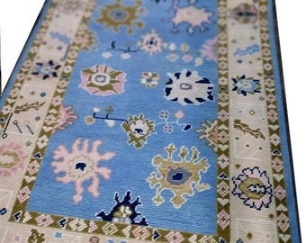 Tapete de lã feito à mão, 2,44 x 3,05 m, azul, estilo vintage turco Oushak, tapete marroquino artesanal, tapete para sala de estar, tapete boho para chão, 2,74 x 3,66 m (8 x 11 pés).