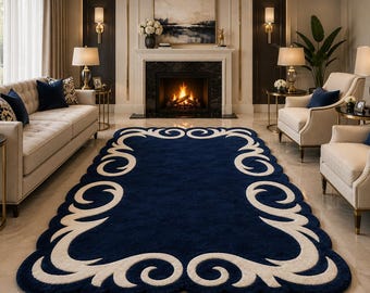 Tapete de lã tufado azul-marinho de luxo - Tapete grande com borda ondulada para sala de estar moderna, tapete tradicional premium creme de destaque 2,44 x 3,05 m