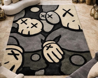 Tappeto in stile Kaws, tappeto in lana tuftato a mano, stile streetwear, tappeto Hypebeast, tappeto per soggiorno moderno, grigio crema, pop art, dimensioni personalizzate 8x10 9x12 10x14