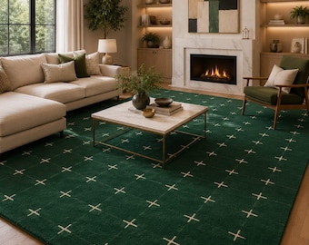 Tapete grande de lã tufada verde esmeralda - Tapete moderno com padrão quadriculado para sala de estar de luxo, tapete minimalista xadrez creme de destaque 2,13 x 3,05 m (7 x 10 pés x 6 pés).