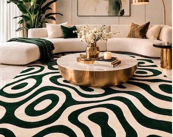 tappeto in lana verde avorio annodato a mano, tappeto moderno astratto, tappeto contemporaneo di lusso, tappeto di design per soggiorno, arredamento per la casa di tendenza