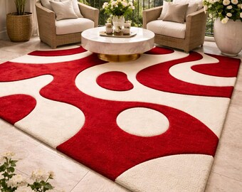 Tapete de lã vermelho estilo moderno de meados do século XX - Tapete abstrato grande, tufado à mão, para sala de estar luxuosa, tapete geométrico retrô arrojado dos anos 70, 1,5 x 2,1 m.
