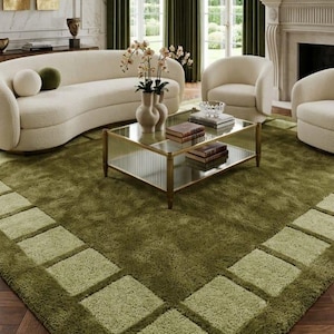 Luxury Olive Green Tufted Wool Rug - Large Checkered Border Area Carpet for Living Room, Modern Sage Green Plaid Transitional Statement Rug