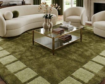 Tapete de luxo em lã tufada verde-oliva - Tapete grande com borda xadrez para sala de estar, tapete moderno de estilo transicional com estampa xadrez verde-sálvia.