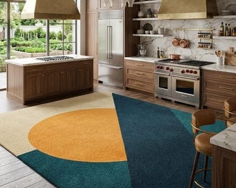 Tapete geométrico de lã feito à mão em meados do século XX - Tapete tufado de luxo em tons de verde-azulado, dourado e azul-marinho - Tapete moderno estilo Bauhaus para cozinha e sala de estar.