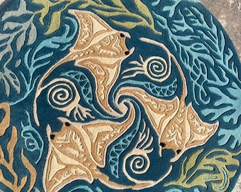 Tapete redondo de luxo em lã tufada com estampa oceânica - Tapete costeiro com arraia manta para sala de estar, tapete grande azul turquesa com estampa náutica e vida marinha, 1,83 x 1,83 m.