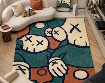 Tapete de lã tufado de luxo inspirado em Kaws - Tapete hypebeast colorido em azul turquesa para sala de estar, tapete moderno com estampa abstrata de arte pop, 2,13 x 3,05 m.