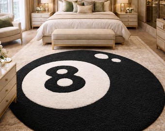 Tapete redondo de luxo com 8 bolas de basquete, feito de lã tufada - Tapete grande em formato de círculo preto e branco para quarto e sala de estar, tapete estilo pop art hypebeast de 1,83 x 1,83 m.
