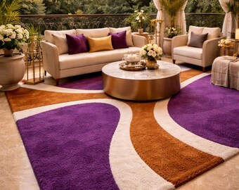 Tapete abstrato feito à mão em tons de roxo real e laranja queimado - Tapete de luxo com textura ondulada em lã tufada - Tapete moderno de 2,4 x 3 m para salas de estar sofisticadas.