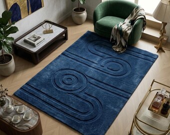Tapete moderno azul-marinho tufado em lã - Tapete escultural geométrico para sala de estar de luxo, tapete minimalista nórdico esculpido em 3D, 1,83 x 3,05 m