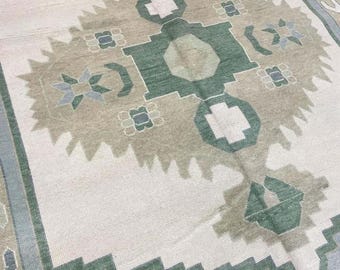 Tapete Oushak feito à mão, tapete de lã neutro, tapete turco vintage, tapete oriental feito à mão, tapete boho bege e azul 5 x 7 pés 6 x 9 pés 7 x 11 pés 8 x 10 pés