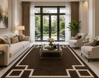 Tapete de lã tufado marrom de luxo - Tapete grande com borda geométrica para sala de estar formal, tapete moderno e elegante com padrão grego, 1,83 x 2,74 m.