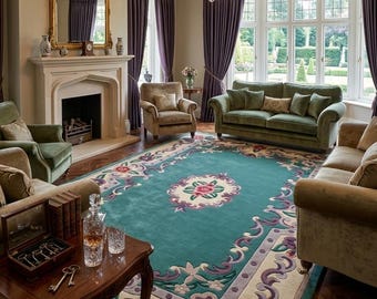 Tapete floral vitoriano feito à mão - Tapete de luxo tufado em lã nas cores verde-azulado e ameixa - Tapete tradicional francês estilo Aubusson para sala de estar
