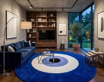 Tapete redondo artesanal com olho grego - Tapete tufado de lã azul royal de luxo - Tapete moderno com amuleto Nazar para decoração de sala de estar e quarto.
