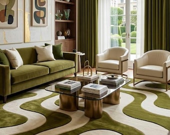 Tapete de lã tufado verde-oliva de luxo - Tapete ondulado grande em tom sálvia para sala de estar, tapete moderno de meados do século com design abstrato e curvado, 1,83 m x 2,74 m x 2,44 m