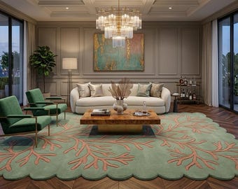 Tapete artesanal verde-sálvia e coral - Tapete de luxo com borda ondulada e acabamento tufado em lã - Tapete moderno em tons de verde-água e rosa para sala de estar sofisticada.