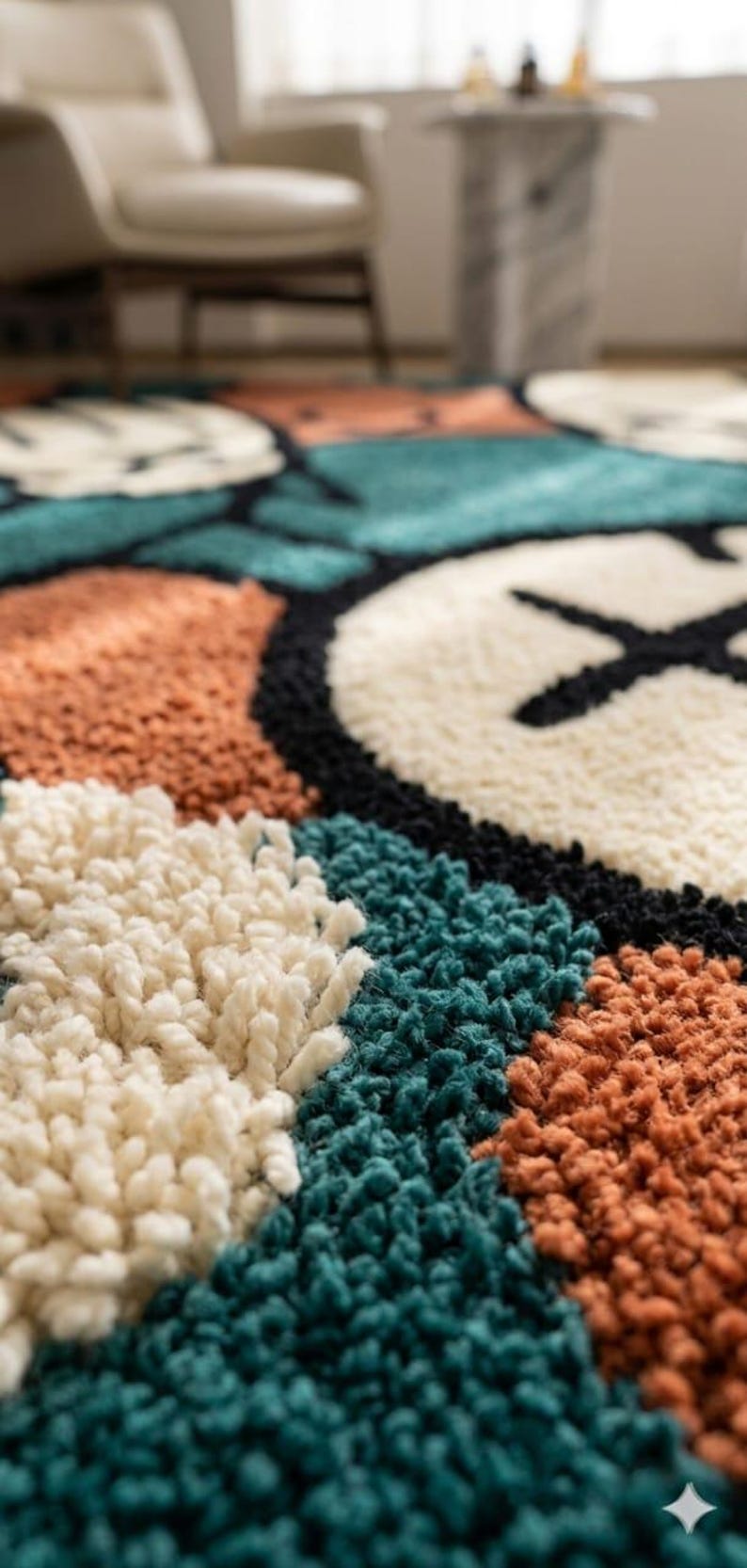 Pu&ograve; includere: Un tappeto tufted con un motivo geometrico di forme circolari e blocchi in crema, verde ottanio e arancione bruciato, delineato da uno spesso filo nero. La superficie presenta una finitura testurizzata a pelo lungo con anelli di filato denso.