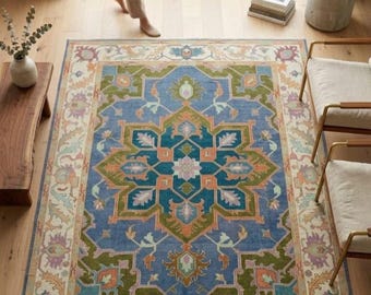 Tapete Oushak feito à mão, 9x12 pés, azul, em lã, estilo vintage turco, tapete oriental artesanal, tapete boho para sala de estar, 10 x 14 pés, 8 x 12 pés, 8 x 10 pés.