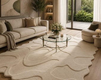 Tapete de lã tufado com bordas onduladas em tom creme de luxo - Tapete grande bege ondulado para sala de estar moderna, tapete com design abstrato orgânico esculpido em 3D, 1,83 x 2,74 m