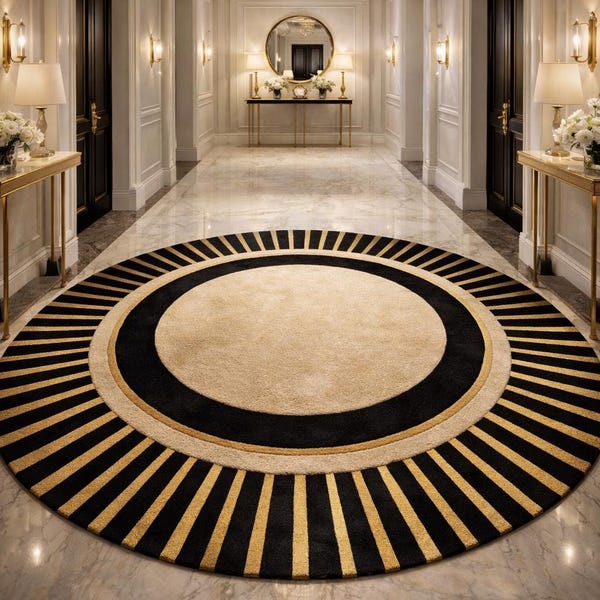 Art Deco Round Rug Gold Black Cream Sunburst Hand Tufted Wool Rug Luxury Circle Carpet Hollywood Regency Custom Size 6x6 8x8 10x10 12x12 ft.